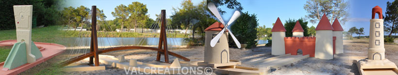 Cadran solaire, Pont suspendu, Moulin, Château, Phare grands obstacles décoratifs pour mini golf